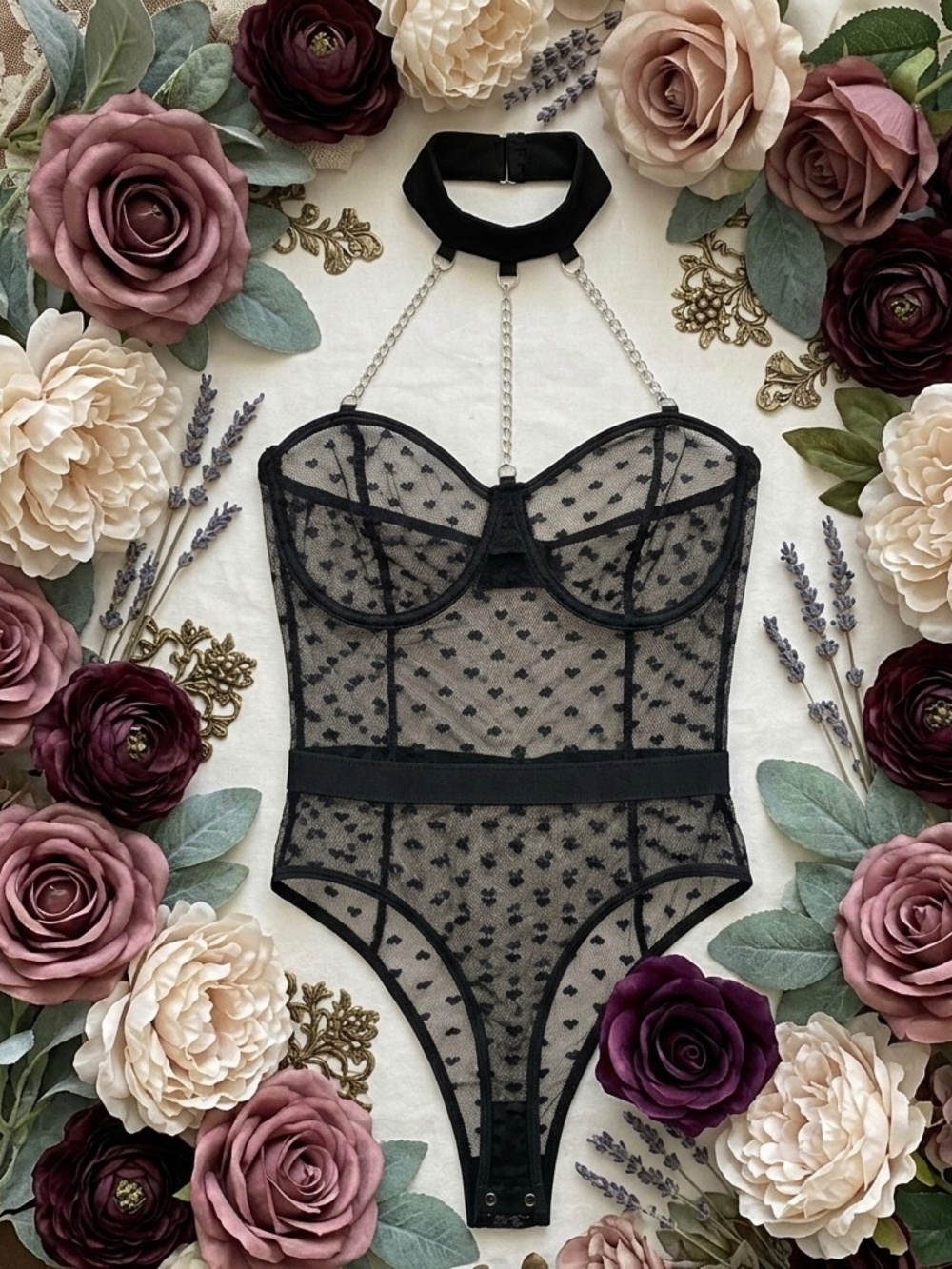 Heart Embroidered Mesh Underwire Bodysuit with Choker